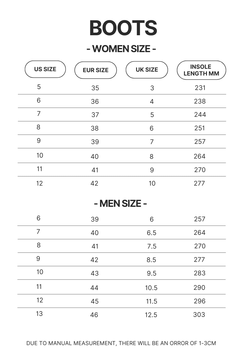 Product size chart